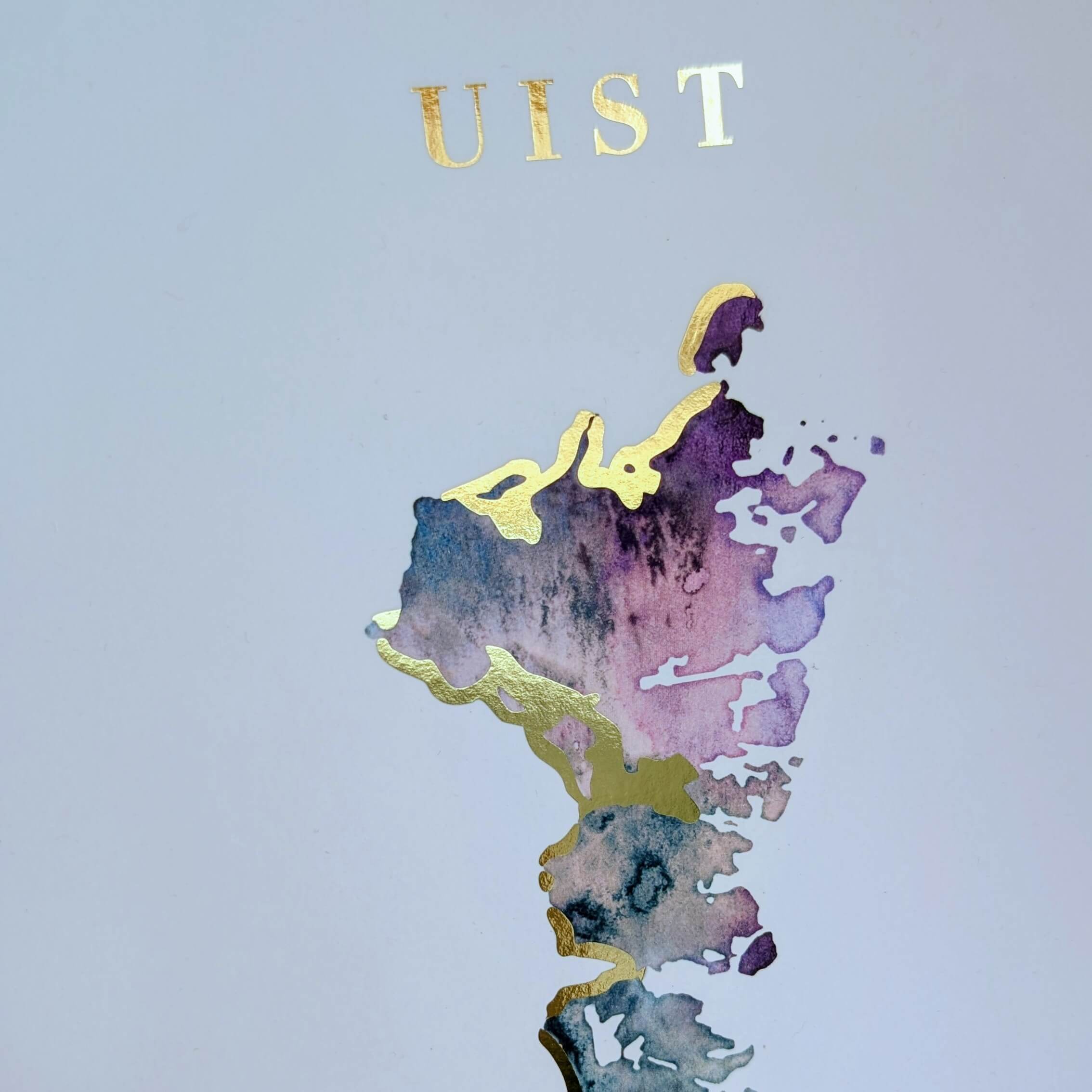 Angled view of Uist art print showing gold foil detailing along the western coastline