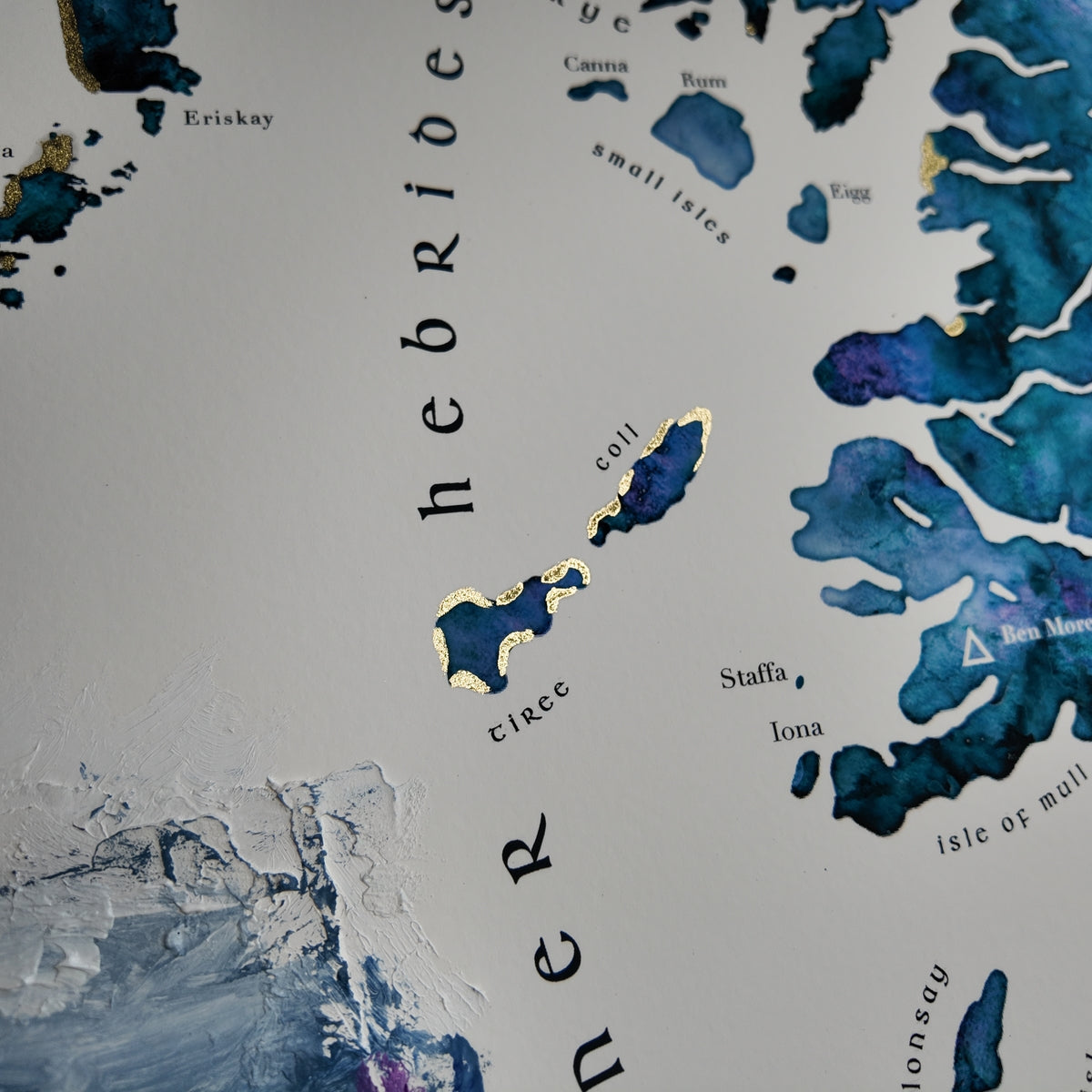 Map of Scottish islands with artistic watercolor textures and text overlay.