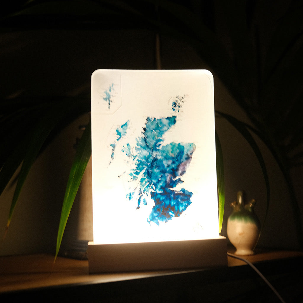 LED art light featuring a watercolor map of Scotland by ejaydesign, beautifully illuminated to showcase intricate details and add a warm glow