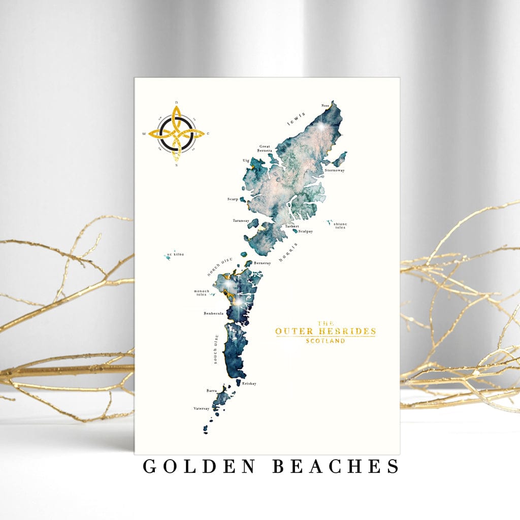 EJayDesign Scottish Prints A4 Outer Hebrides Watercolour Map - With Gold Beaches