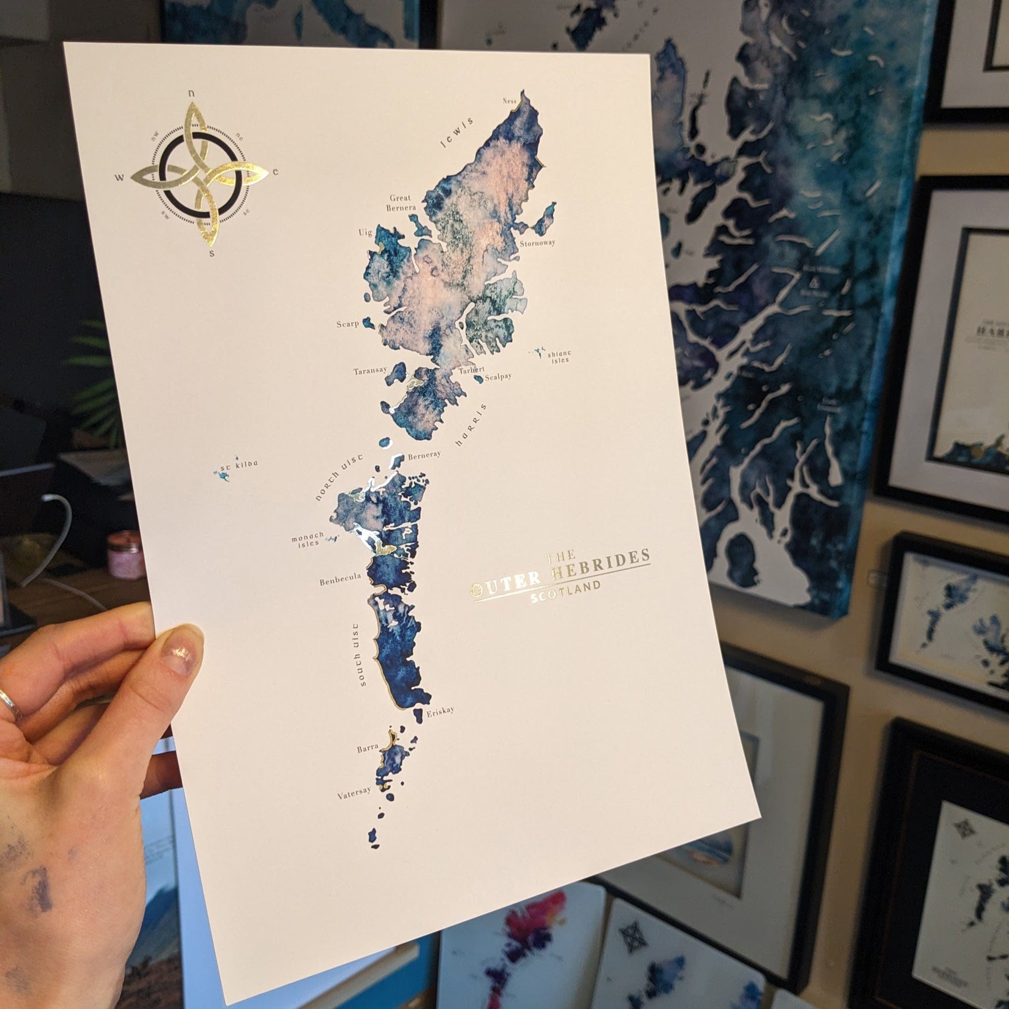 EJayDesign Scottish Prints A4 Outer Hebrides Watercolour Map - With Gold Beaches