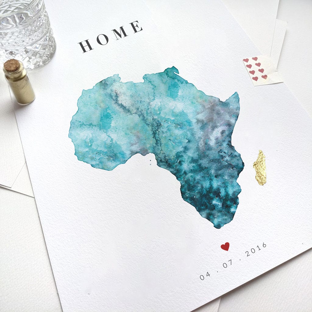 EJayDesign Countries Other A4 Unframed Giclée / Turquoise Africa Watercolour Gold Map