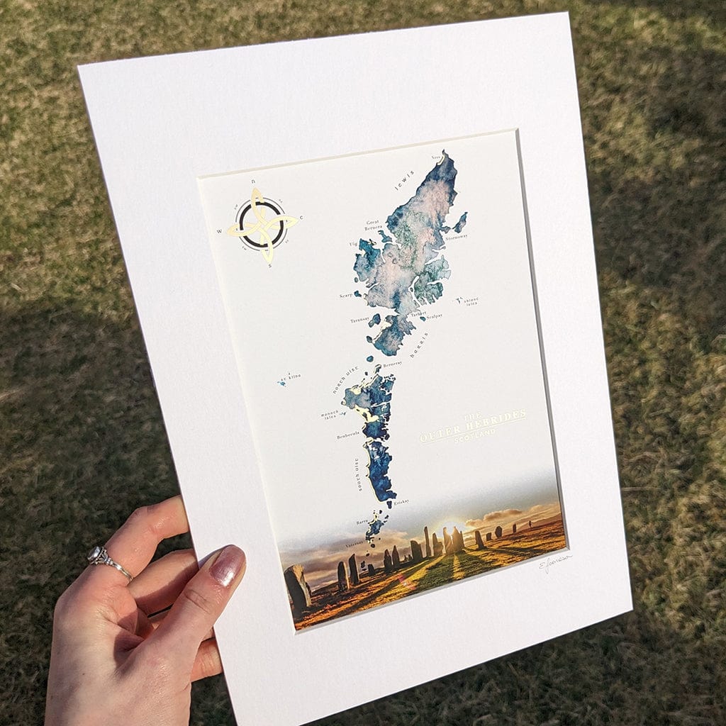 EJayDesign Callanish Stones Outer Hebrides Watercolour Map - With Gold Beaches