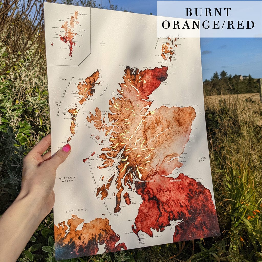 EJayDesign Scottish Prints A3 Unframed Fine Art Paper / Burnt Orange/Red Detailed Scotland Watercolour Map