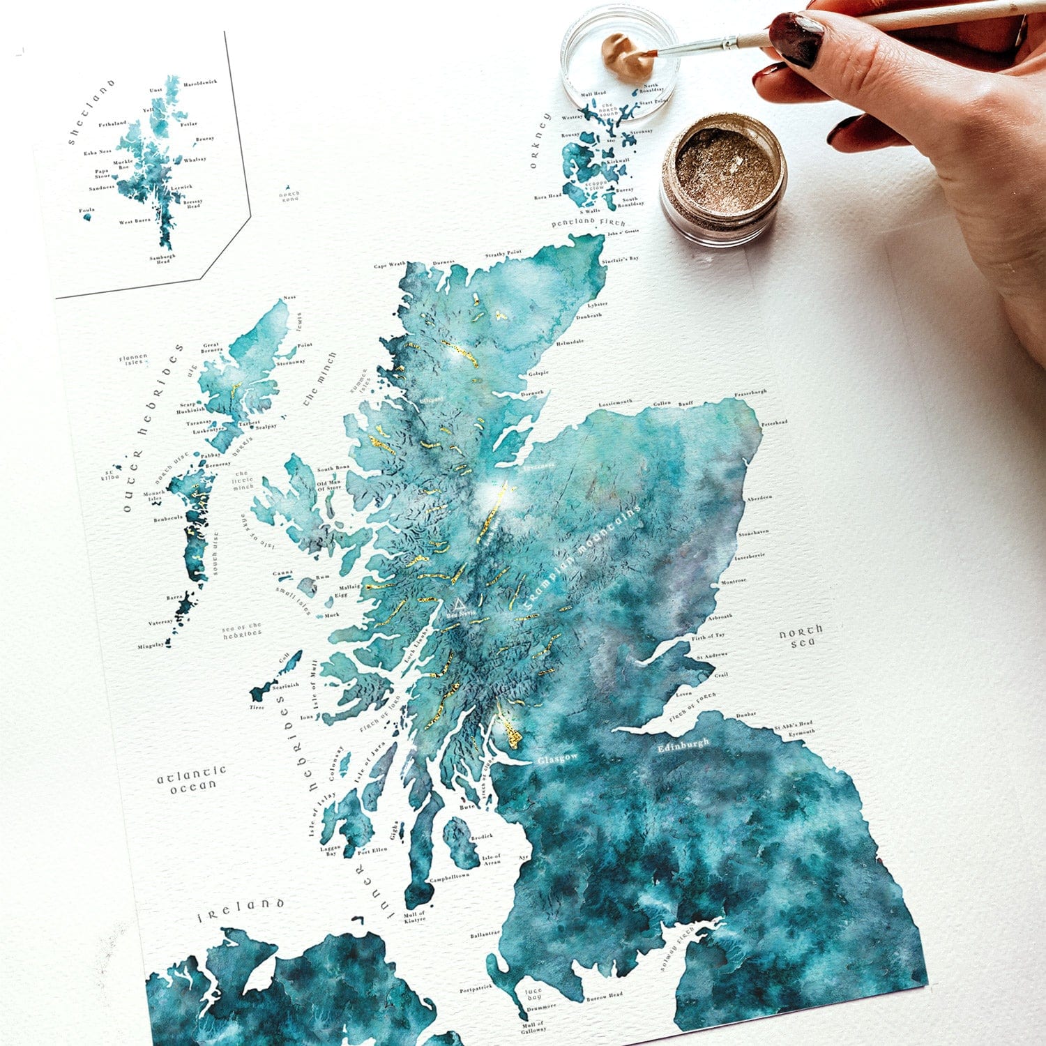 EJayDesign Scottish Prints A3 Unframed Fine Art Paper / Turquoise Detailed Scotland Watercolour Map