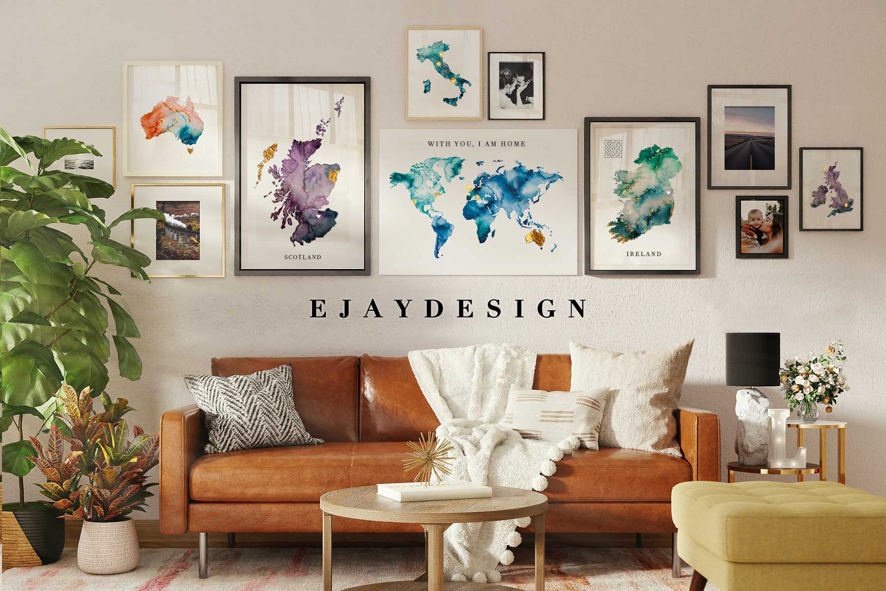 Vibrant watercolor maps adorning a gallery wall at EJayDesign, a stunning fusion of art and cartography.