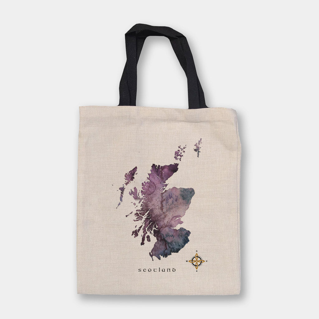 Premium tote bag featuring a watercolour map of Scotland in purple, 
designed by Hebridean artist Eilidh Jamieson from ejaydesign.