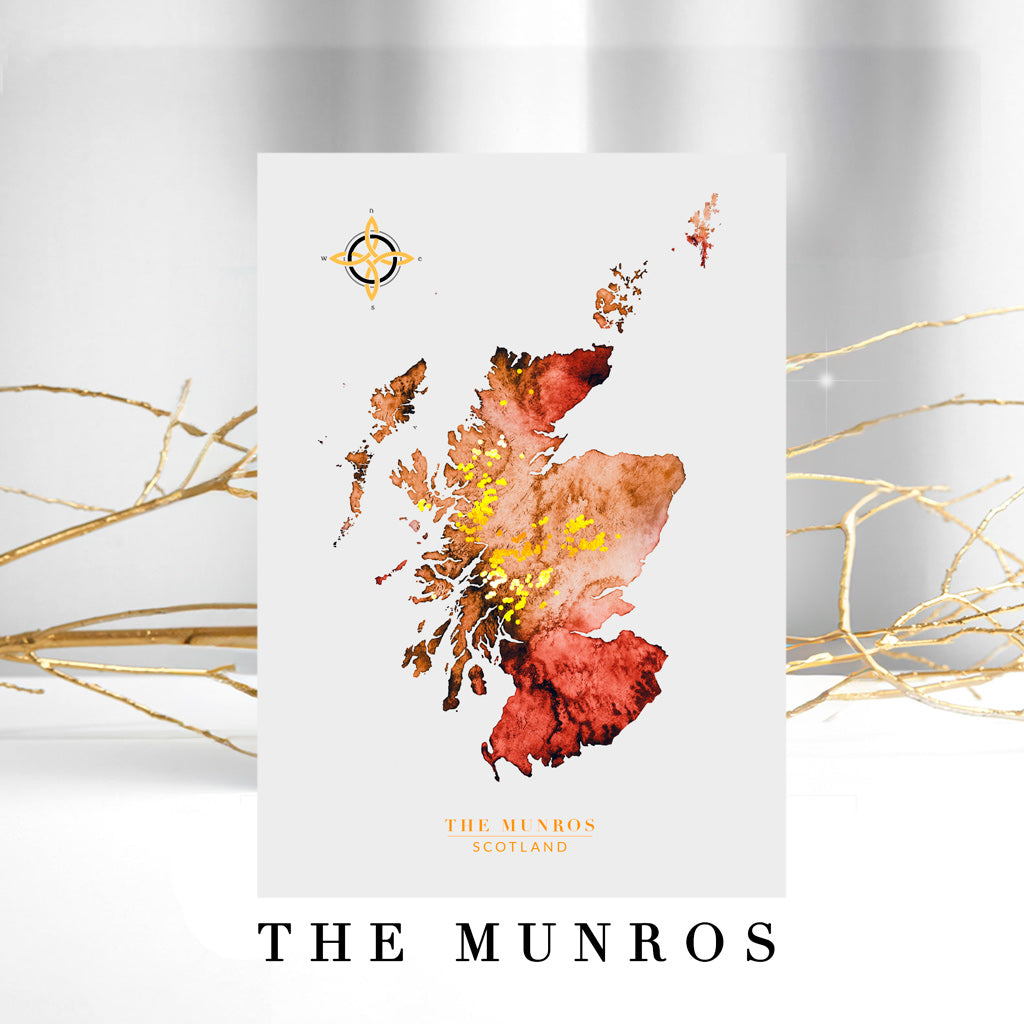 a watercolour map of Scotland with all the munro mountains in gold. perfect gift for a munro bagger