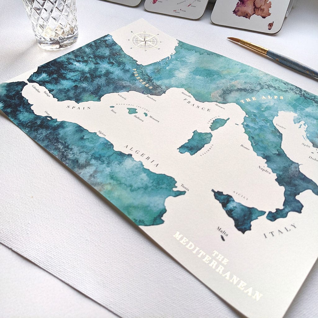 EJayDesign Countries Other Golden Mediterranean Watercolour Map Print