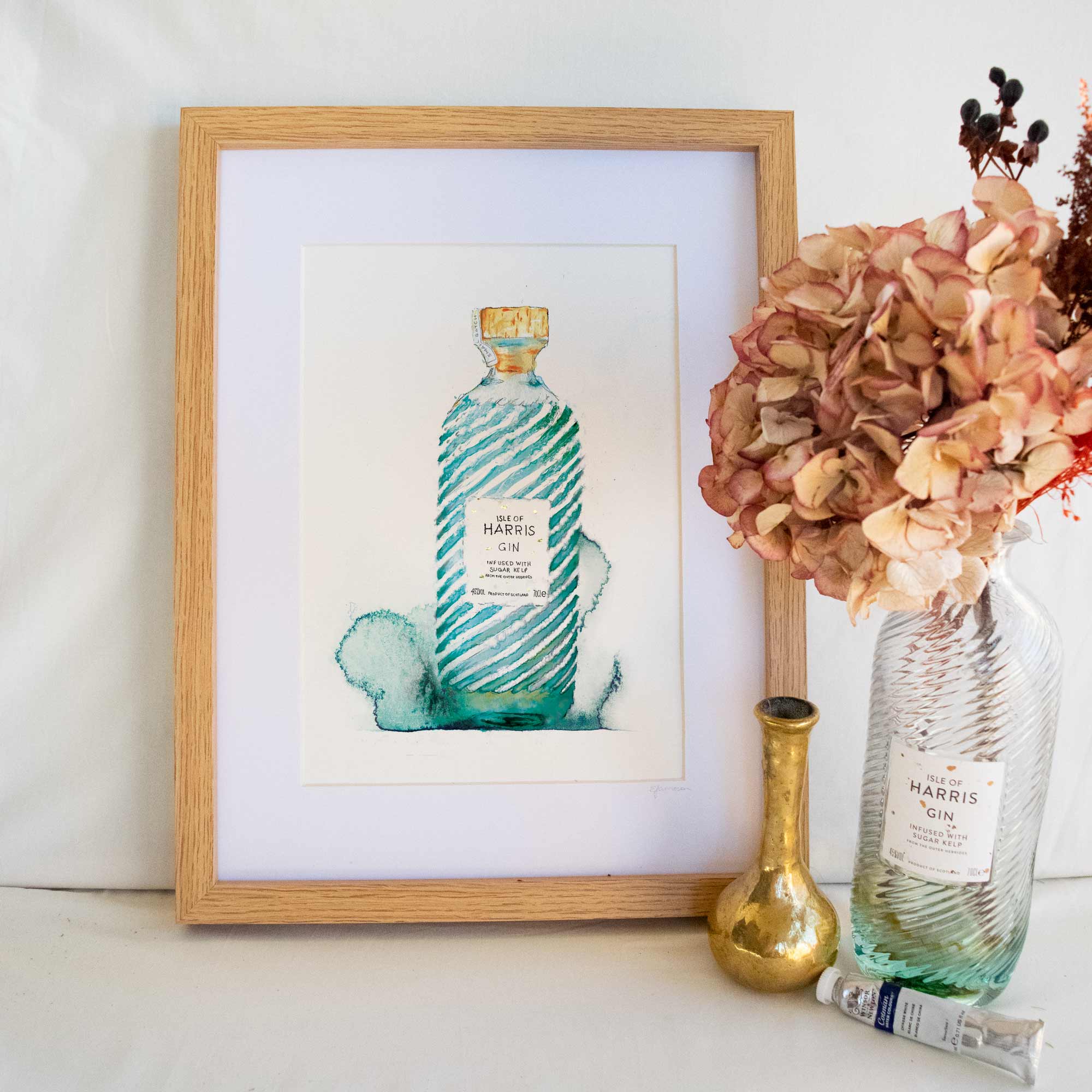 EJayDesign A3 Unframed Harris Gin Watercolour Illustration with Gold Flaked Label