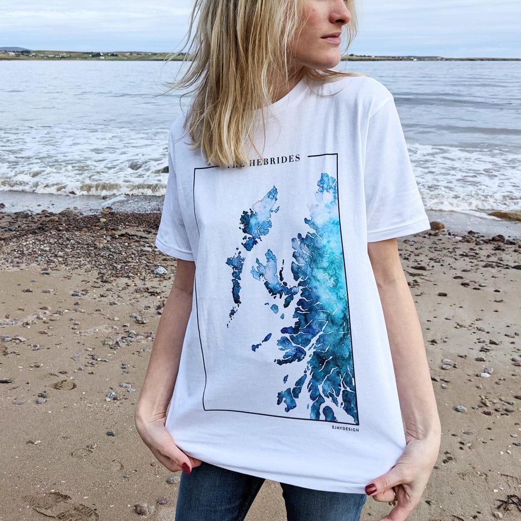 EJayDesign S / White Hebrides Unisex T-Shirt Watercolour Map