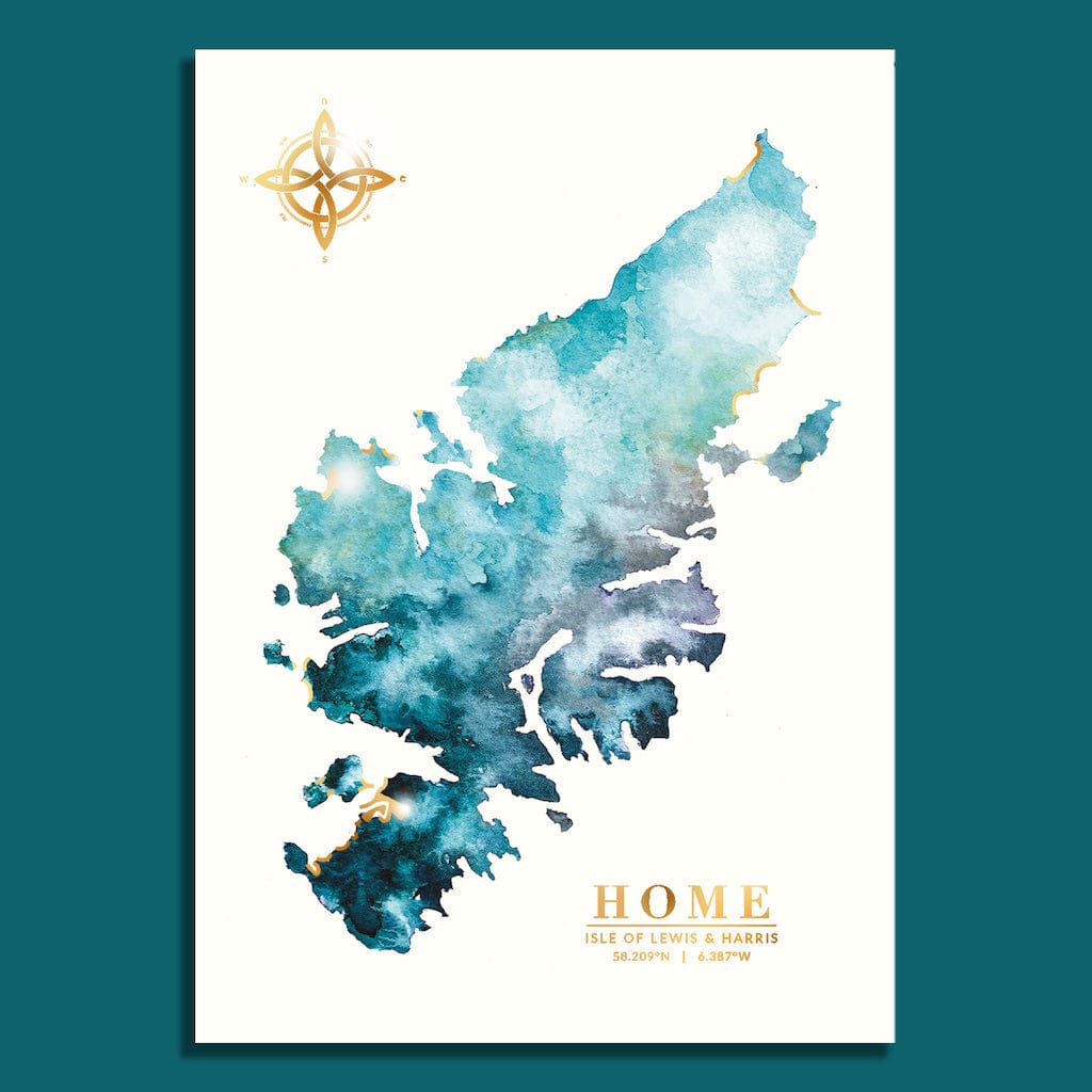 EJayDesign 'Home' Isle of Lewis Watercolour Map - With Gold Beaches