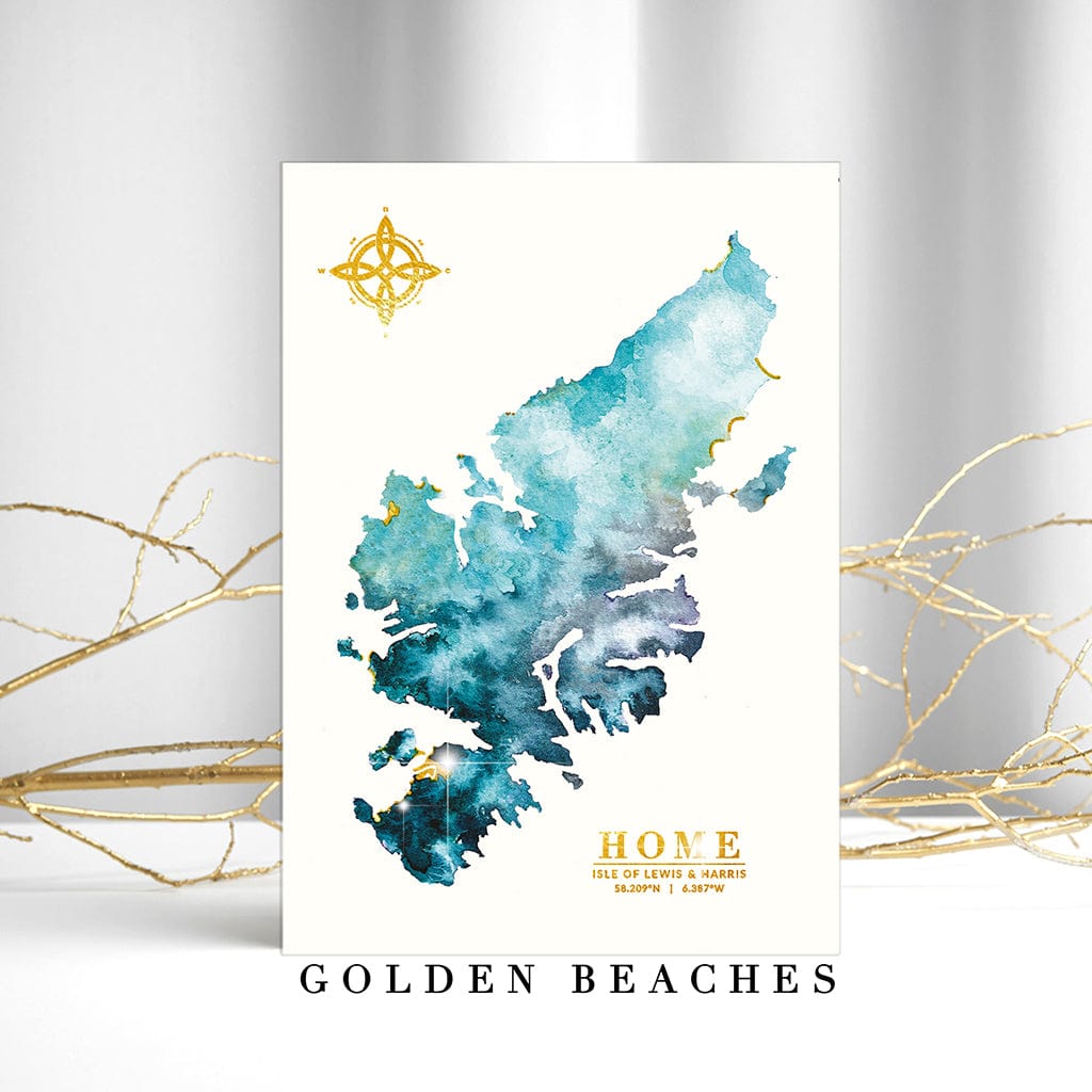 EJayDesign 'Home' Isle of Lewis Watercolour Map - With Gold Beaches