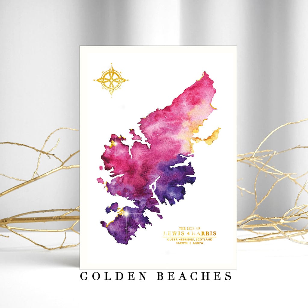 EJayDesign A4 Unmounted / Pink/Purple Isle of Lewis Watercolour Map - With Gold Beaches