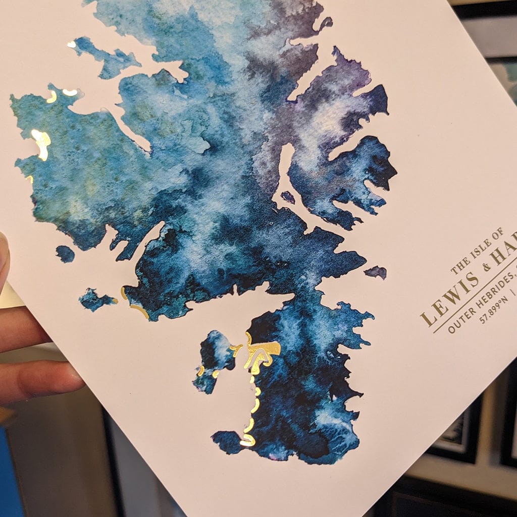EJayDesign Isle of Lewis Watercolour Map - With Gold Beaches