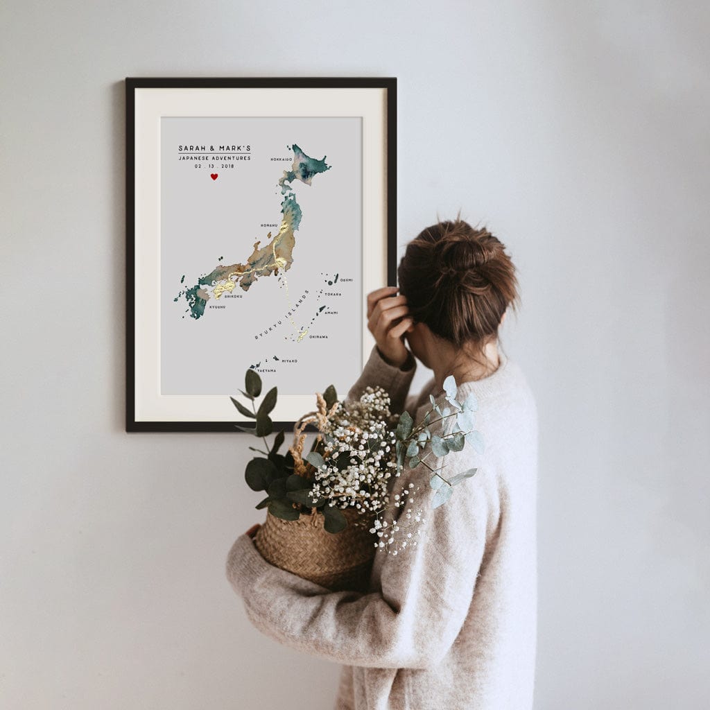 EJayDesign Countries Other Japan Watercolour Gold Map