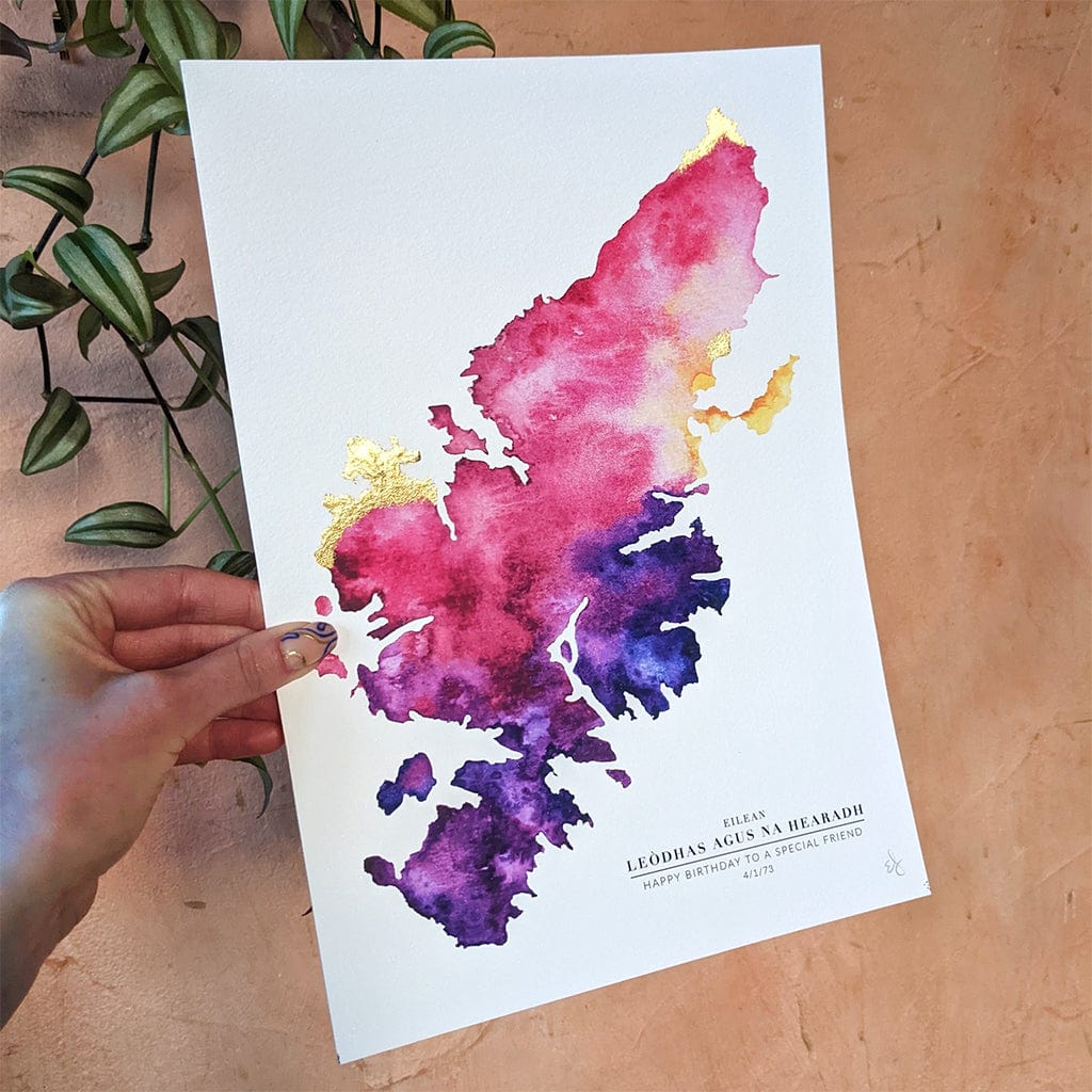 EJayDesign Scottish Prints A3 Unframed Giclée on Paper / Red/Purple Lewis & Harris Watercolour Map