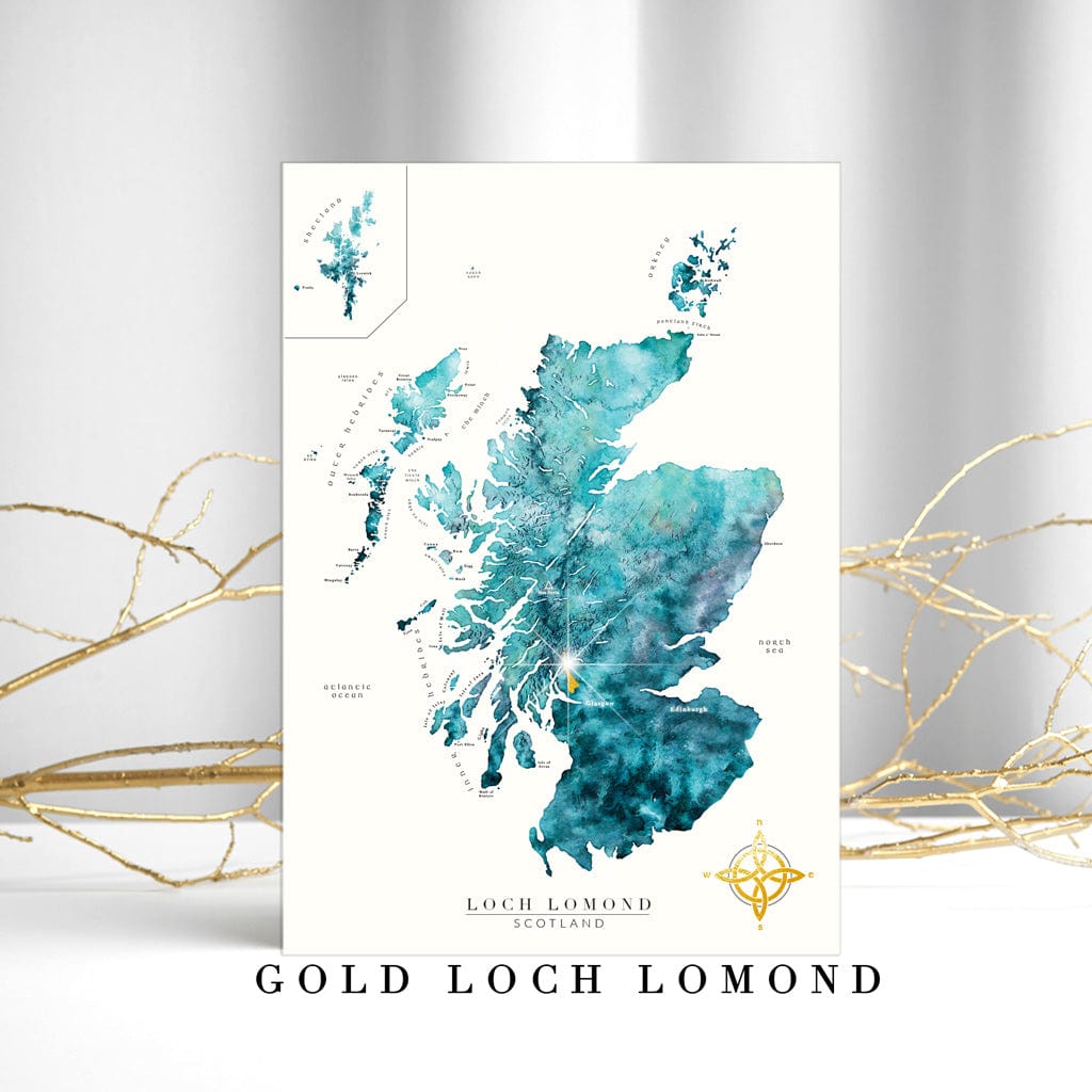 EJayDesign Loch Lomond Gold Scotland Watercolour Map