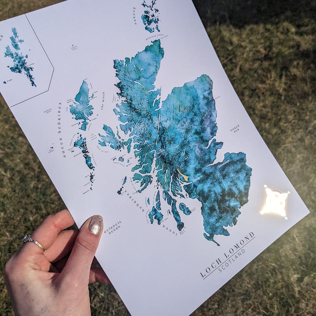 EJayDesign Turquoise Loch Lomond Gold Scotland Watercolour Map