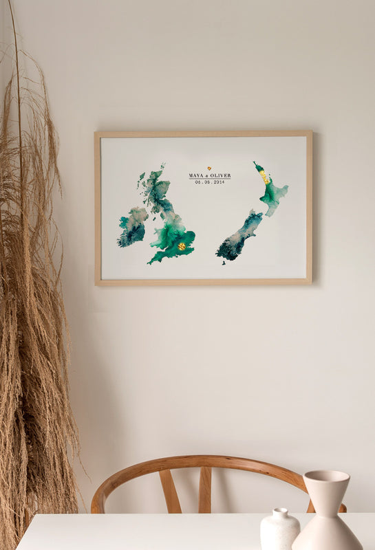 watercolour map personalised engagement gift