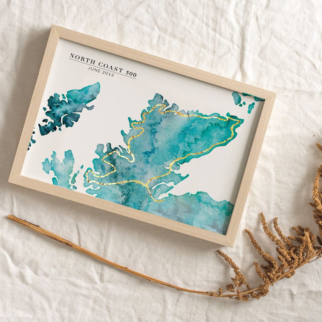 EJayDesign Scottish Prints A3 Unframed Giclée on Paper / Turquoise North Coast 500 Scottish Watercolour Map Personalised