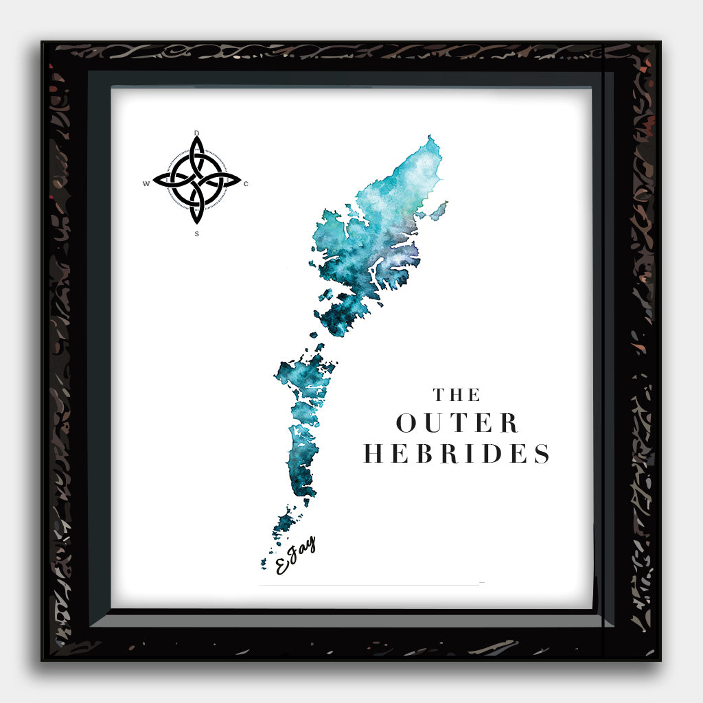 Close-up of Outer Hebrides fridge magnet with bold typography and watercolour textures