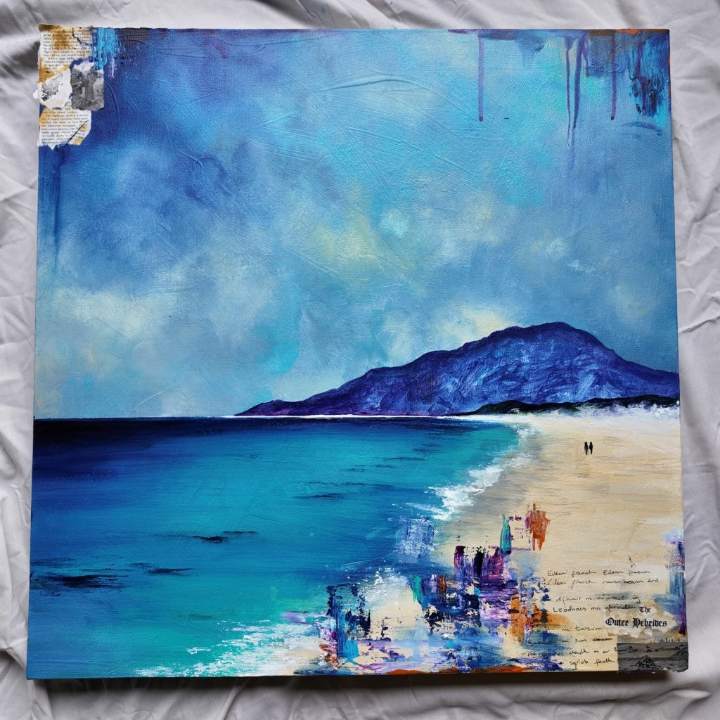 Abstract painting of a reef beach outer hebrides scene with blue sky and mountains.