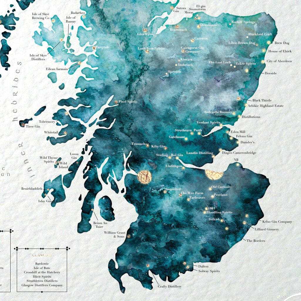 EJayDesign Turquoise Scotland's Gin Distillery Map