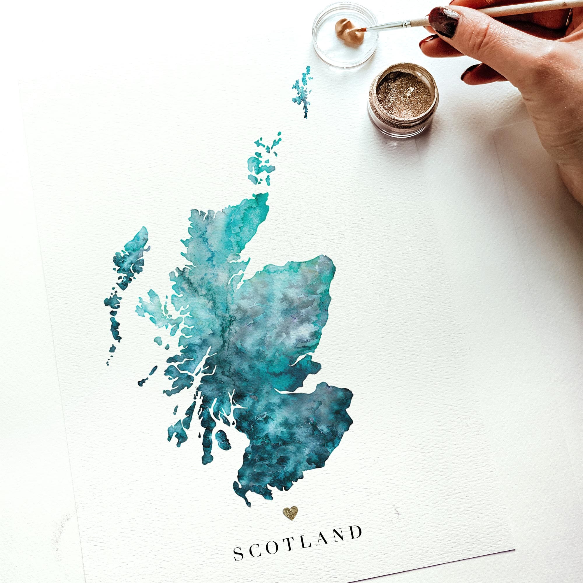 EJayDesign Scottish Prints A3 Unframed Giclée / Turqouise Scotland Watercolour Gold Map Giclee Print