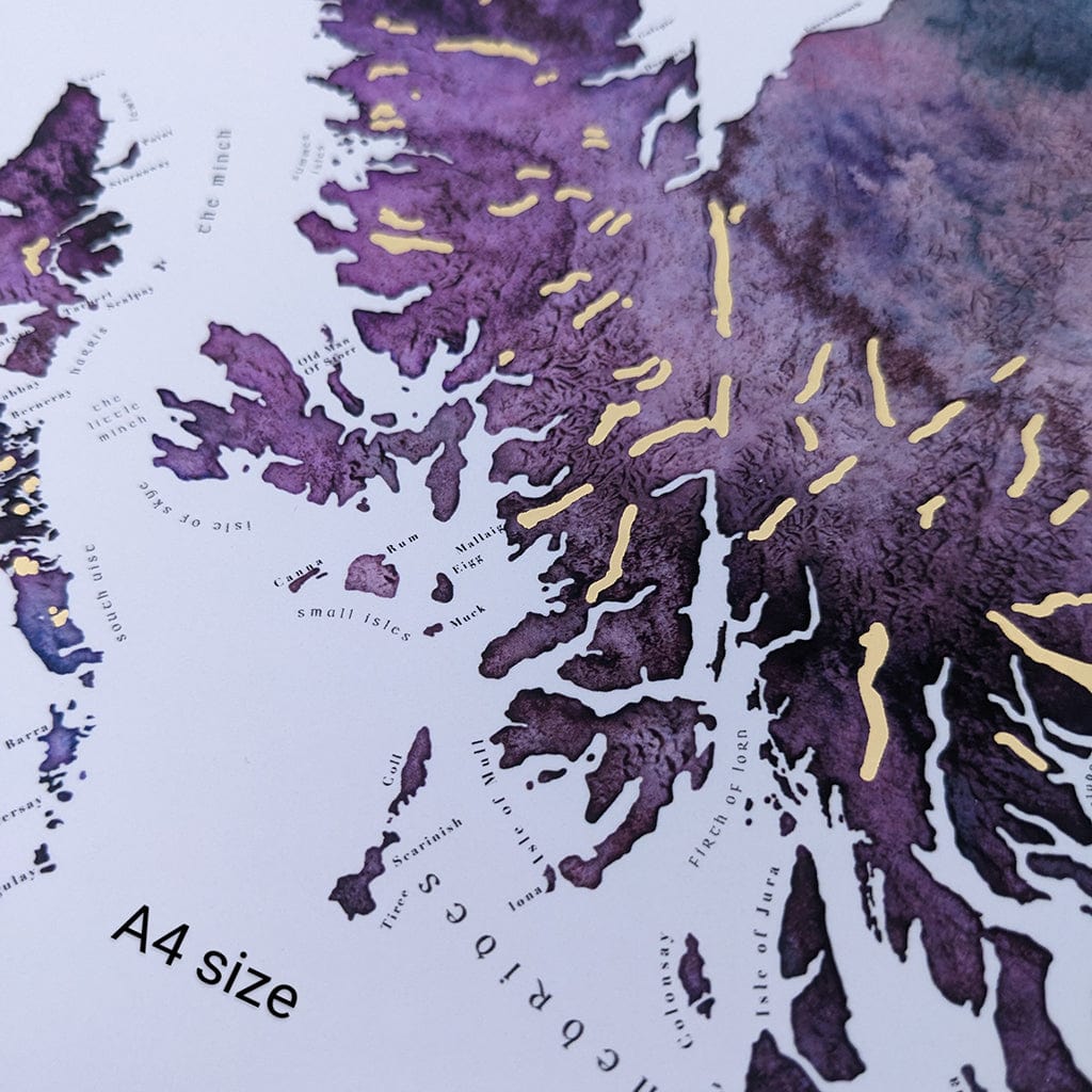 EJayDesign Scotland Watercolour Map - With Gold Lochs