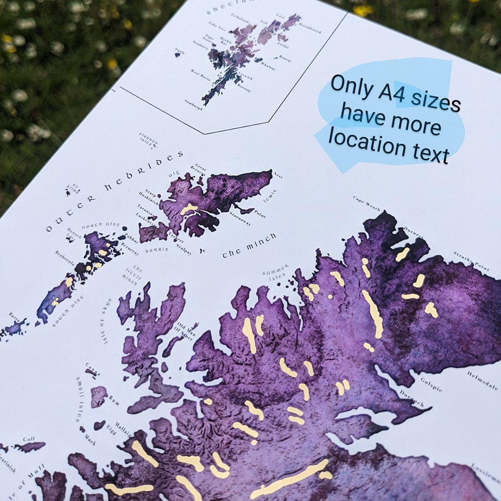 EJayDesign Scotland Watercolour Map - With Gold Lochs