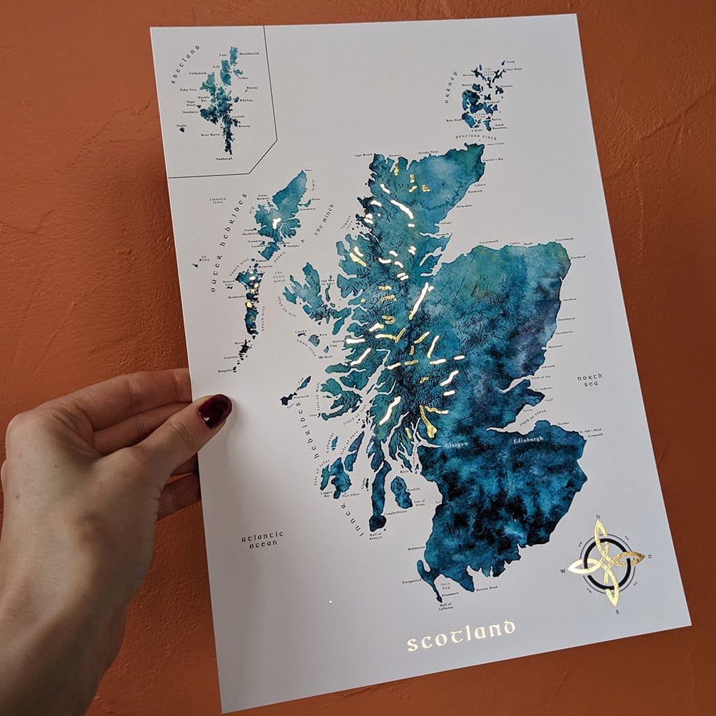 EJayDesign Scotland Watercolour Map - With Gold Lochs