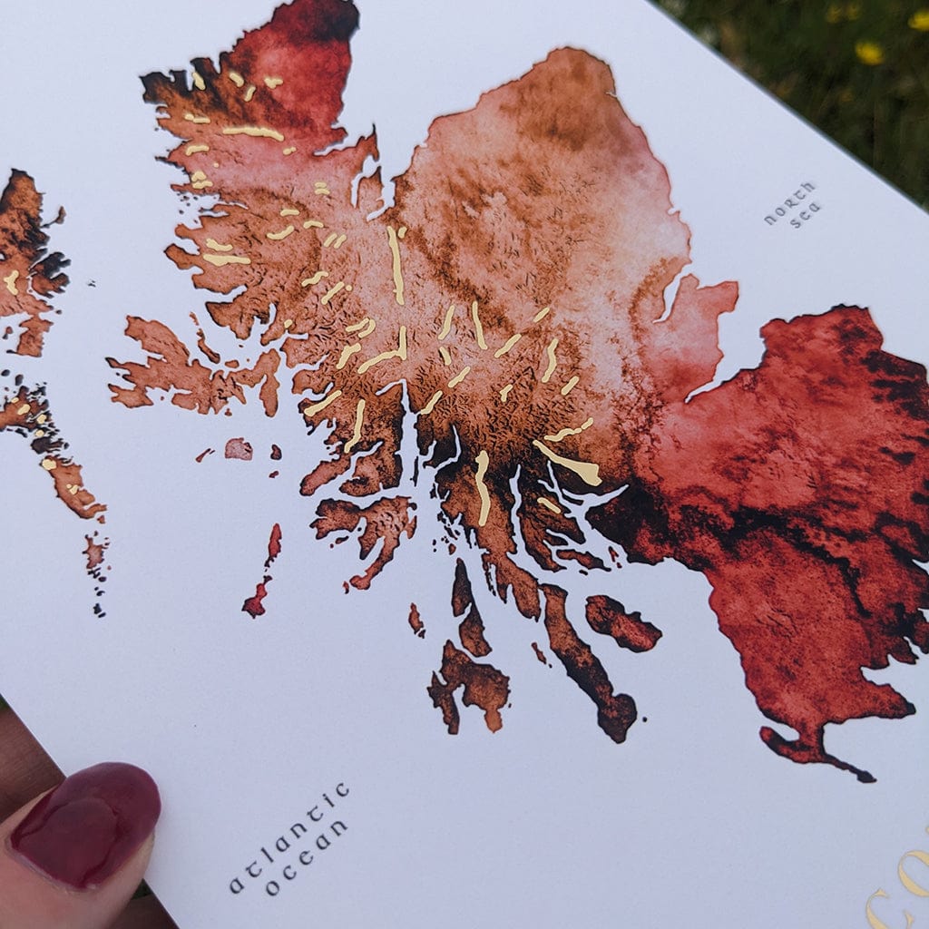 EJayDesign Scotland Watercolour Map - With Gold Lochs