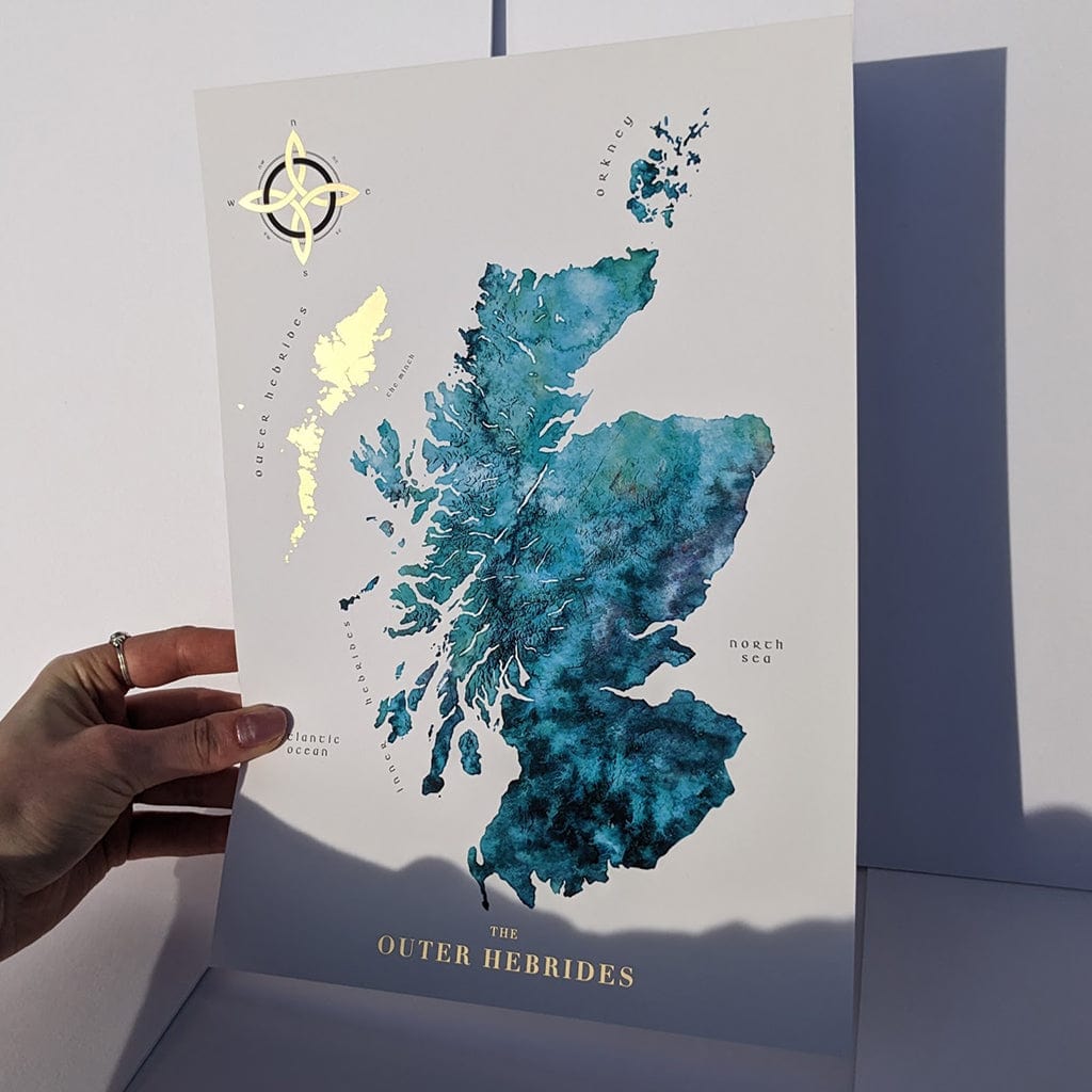 EJayDesign A3 Unmounted / Turquoise Scotland Watercolour Map - With Outer Hebrides in Gold