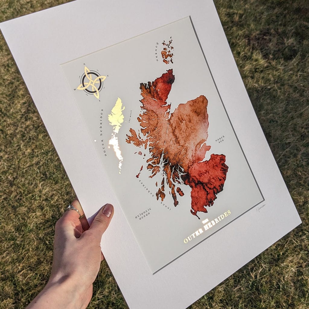 EJayDesign A4 Unmounted / Autumn Orange Scotland Watercolour Map - With Outer Hebrides in Gold
