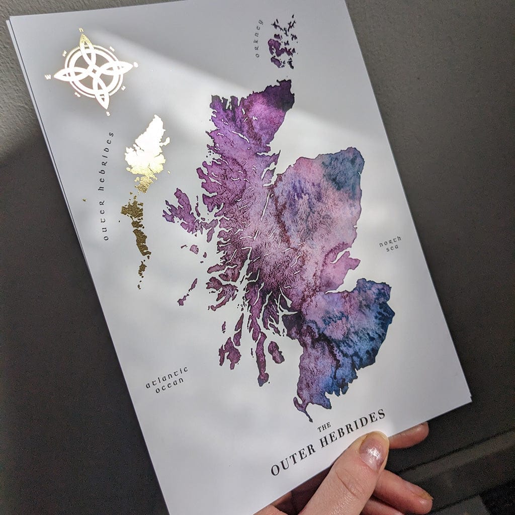 EJayDesign A3 Unmounted / Heather Purple Scotland Watercolour Map - With Outer Hebrides in Gold