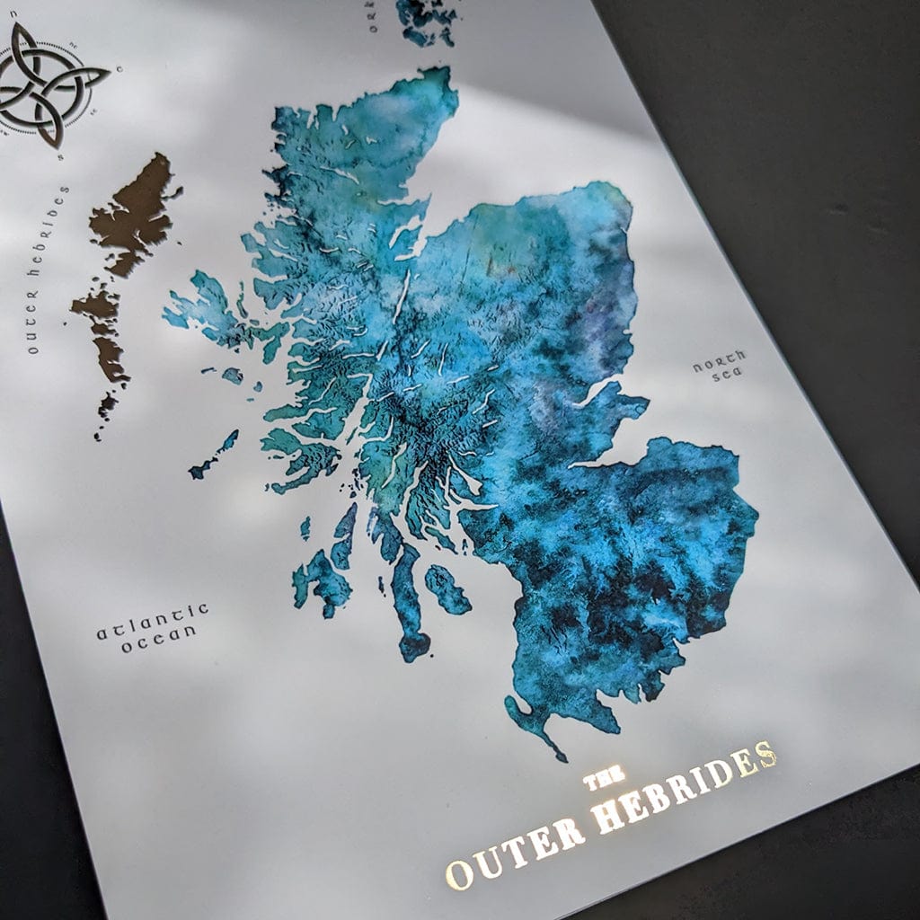 EJayDesign Scotland Watercolour Map - With Outer Hebrides in Gold