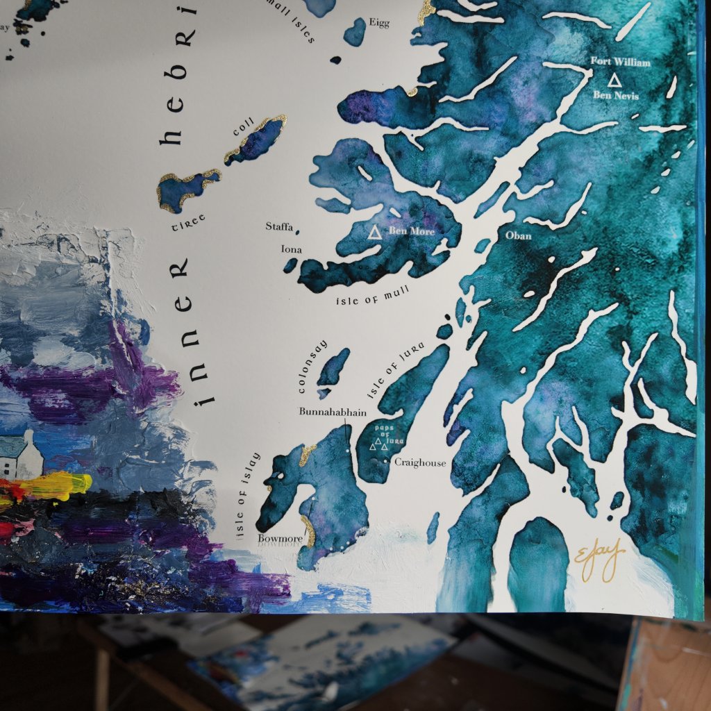 Map of Inner Hebrides with watercolor textures and artistic brush strokes.