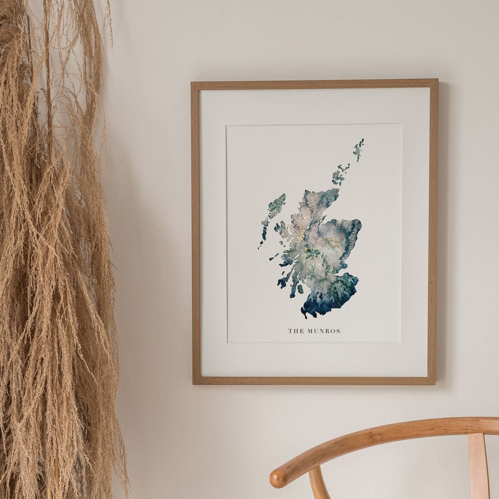 EJayDesign Scottish Prints A3 Unframed Giclée on Paper / Blue/Green Heavy Watercolour Scottish Munro's Personalised Golden Map