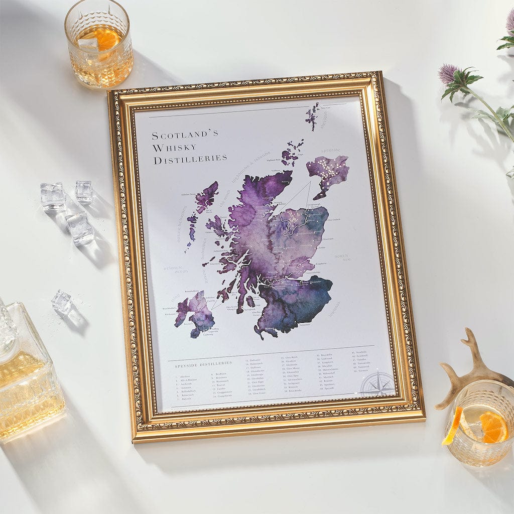 EJayDesign A3 / Purple Scottish Whisky Distillery Gold Map