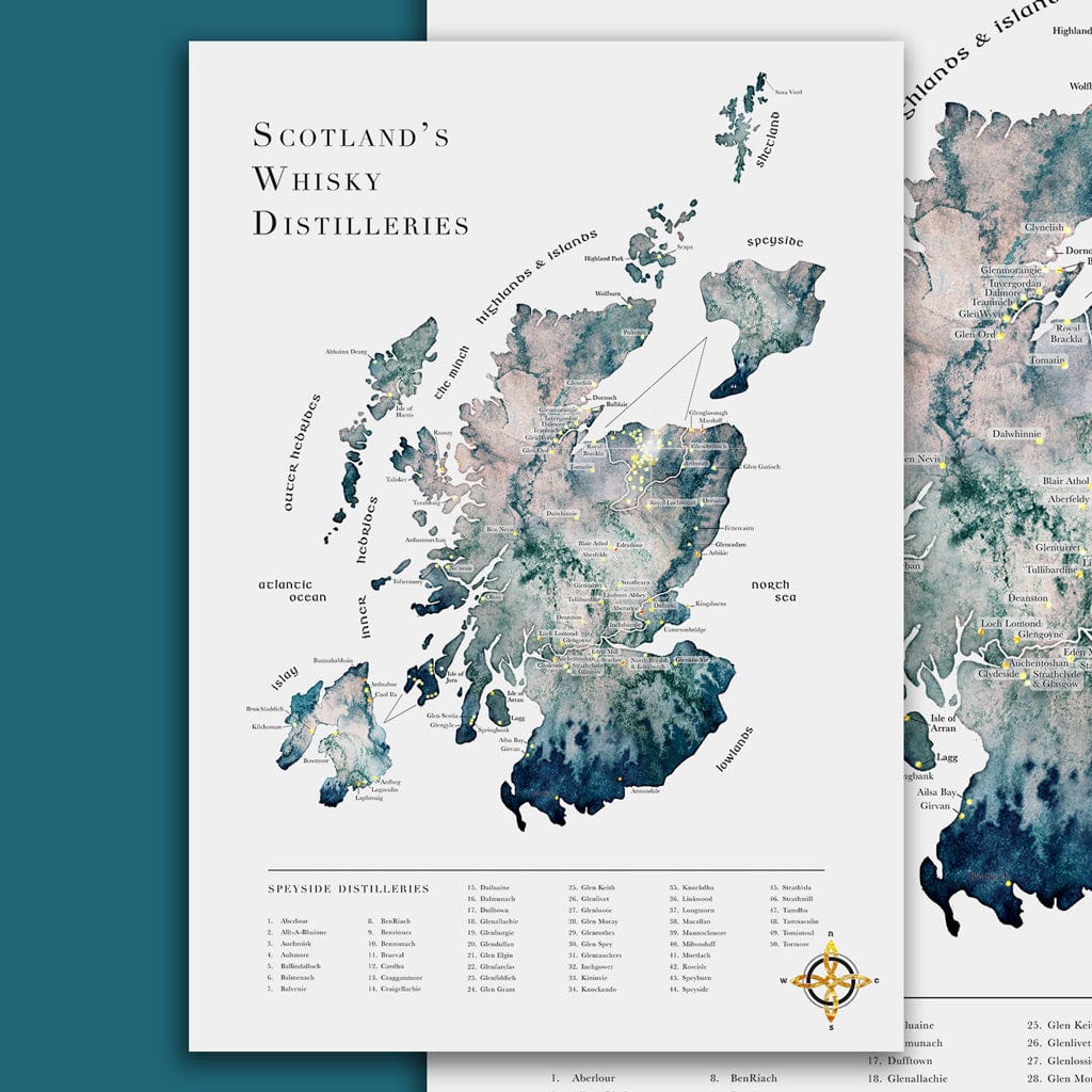 EJayDesign A3 / Green/Navy Scottish Whisky Distillery Gold Map