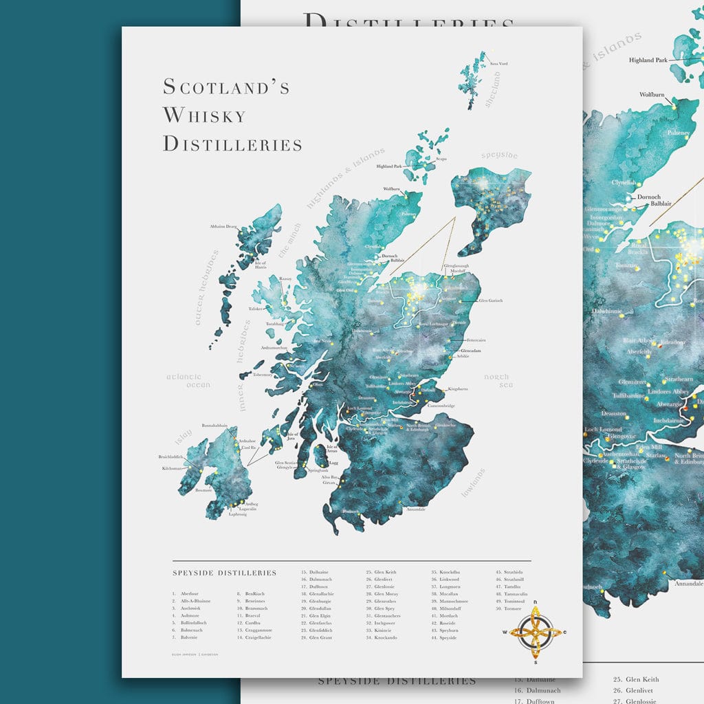 EJayDesign A3 / Turquoise Scottish Whisky Distillery Gold Map
