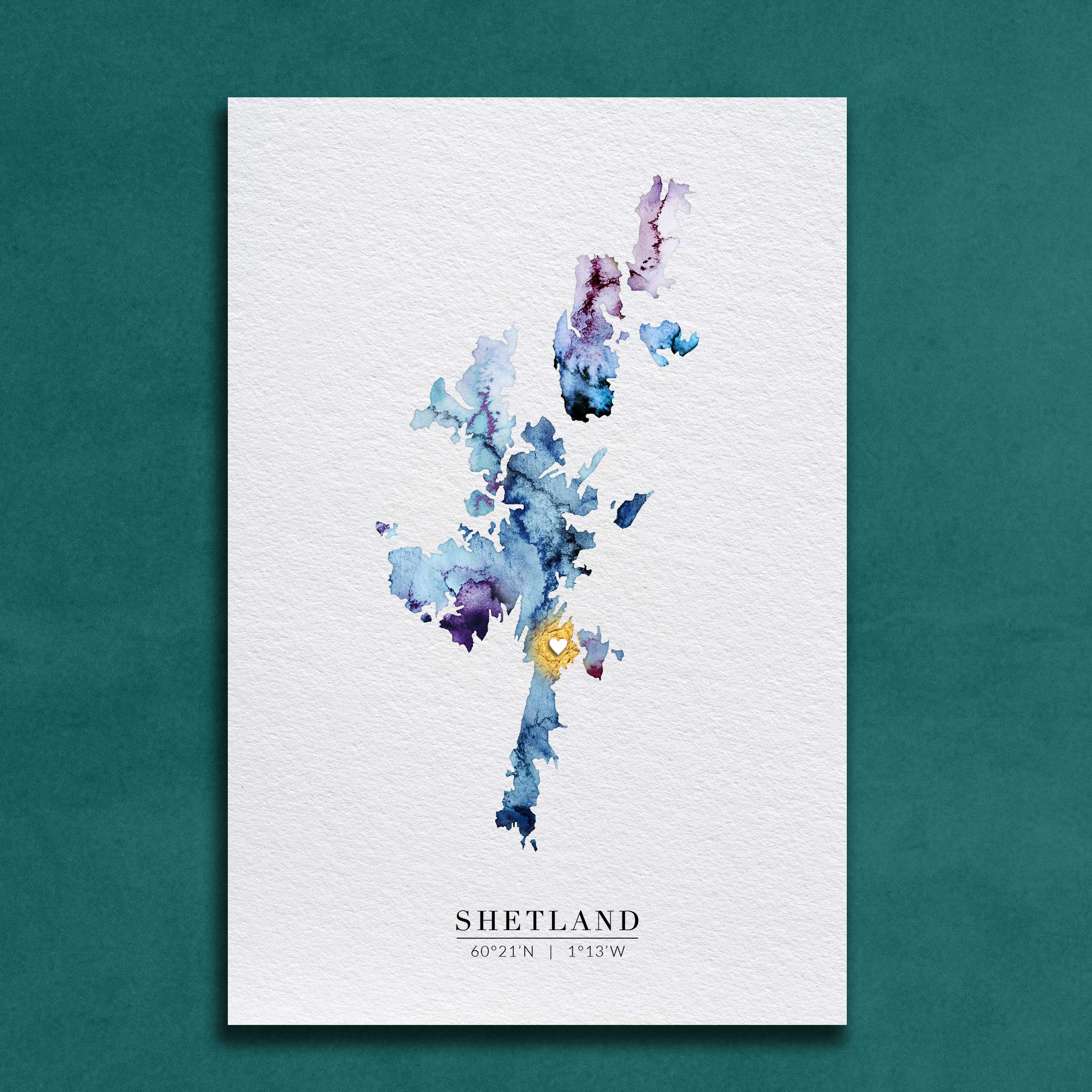 EJayDesign Scottish Prints Shetland Isles Watercolour Map Gold Print