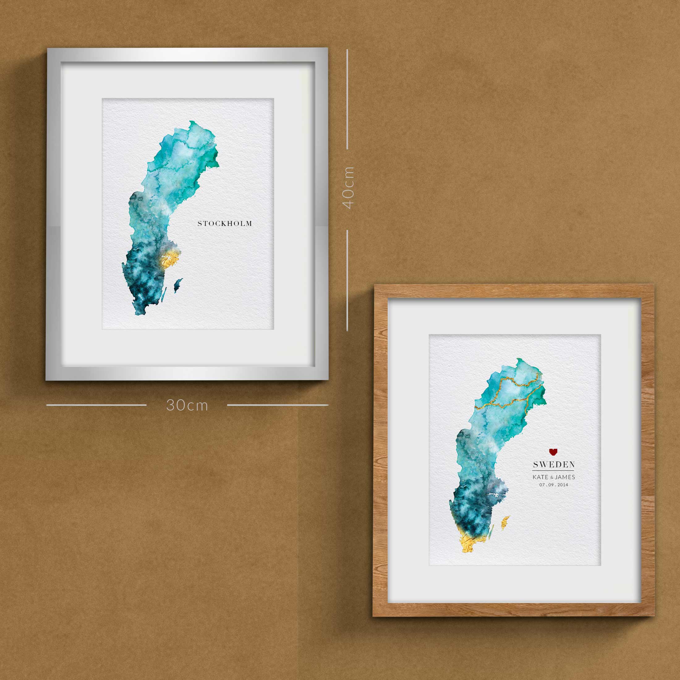 EJayDesign Countries Other Sweden Watercolour Gold Map