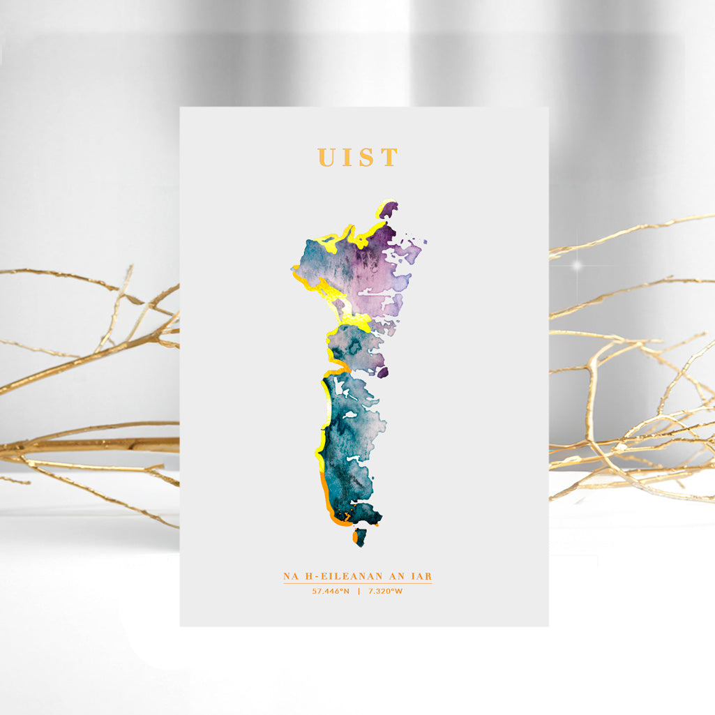 Uist island print with shimmering gold beaches and Gaelic description