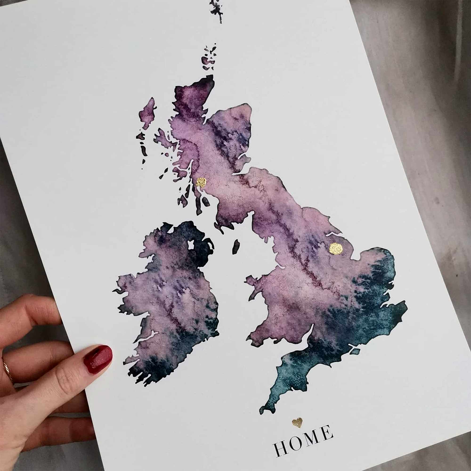EJayDesign Countries Other A3 Unframed Giclée on Paper / Purple UK Gold Watercolour Map