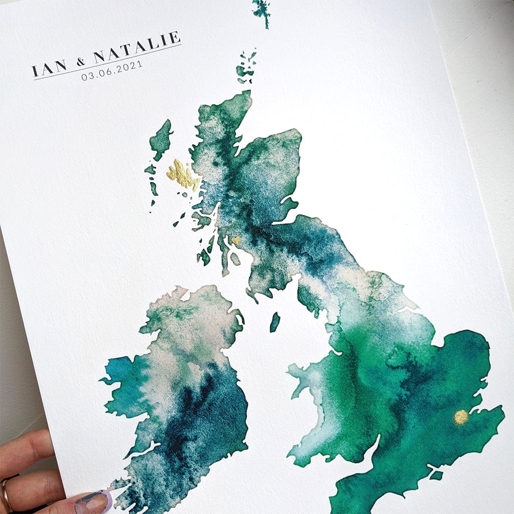 EJayDesign Countries Other A3 Unframed Giclée on Paper / Green UK Gold Watercolour Map