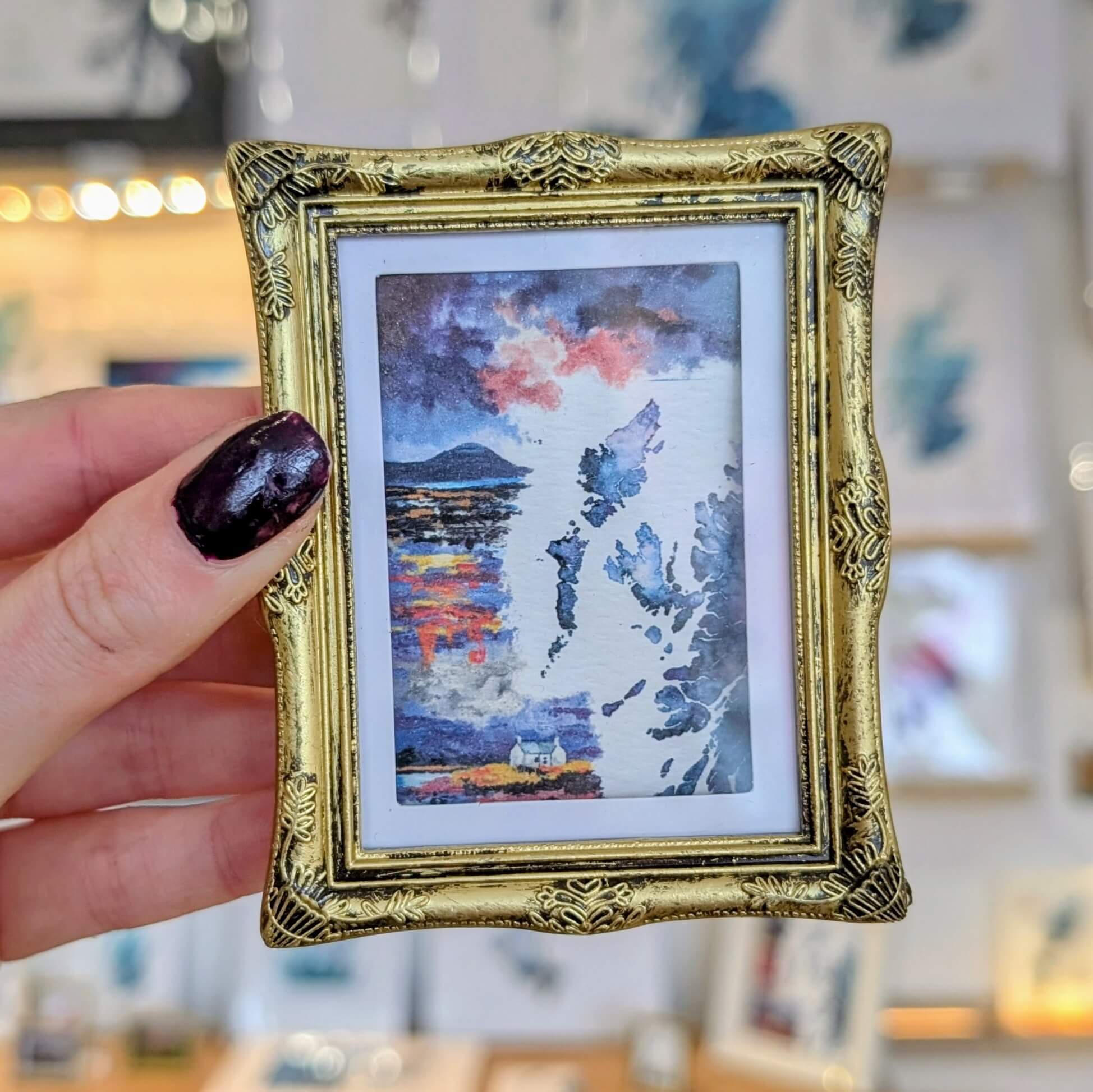 watercolour scotland hebridean magnet with gold frame and stand
