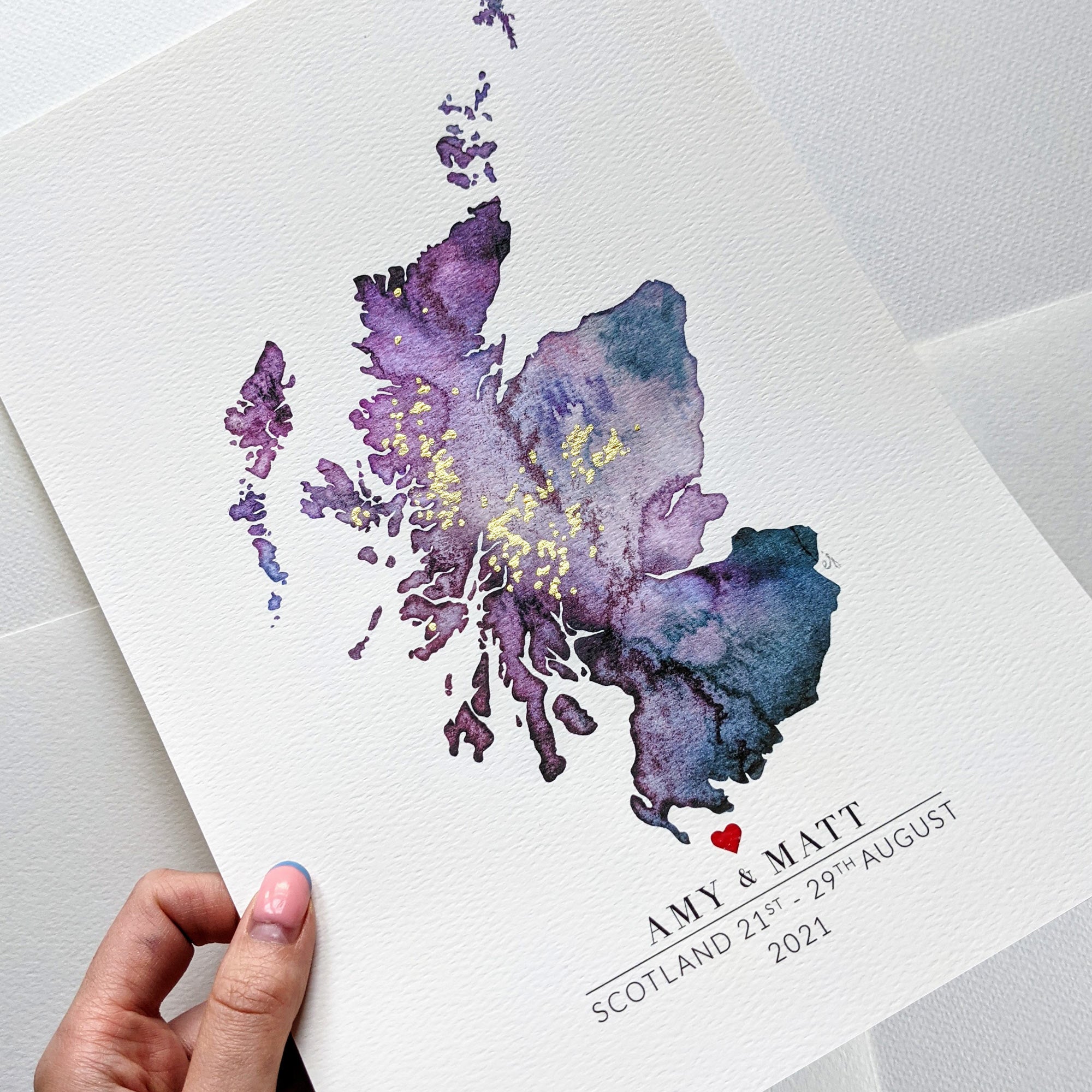 watercolour map of the Scotland's munro's in hand painted gold by Scottish artist Eilidh Jamieson